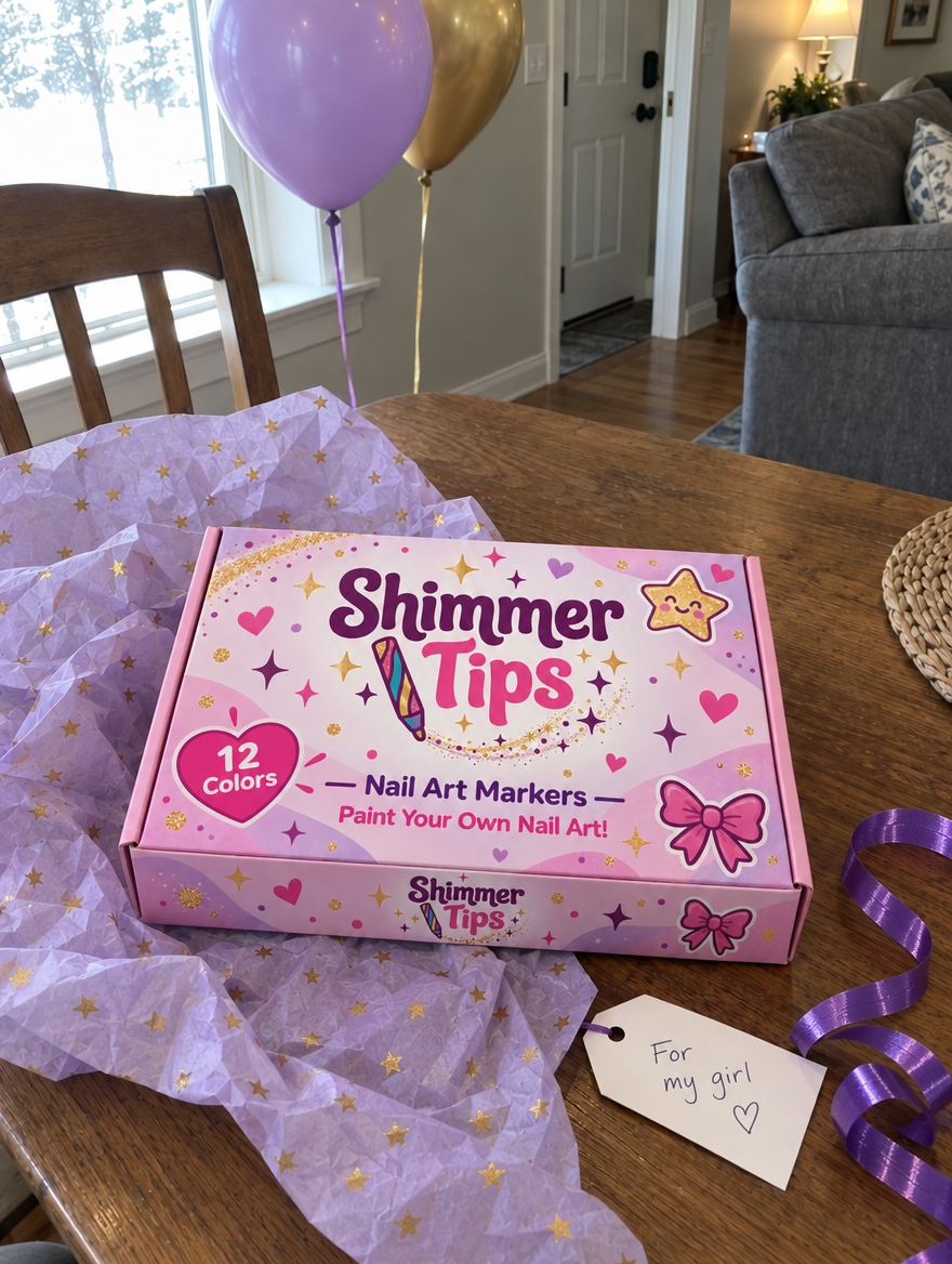 Shimmer Tips box unwrapped on a table